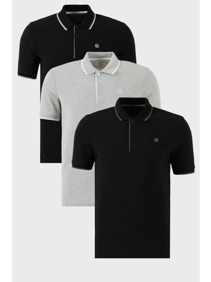 Buratti Pamuklu Slim Fit Şerit Detaylı Düğmeli Polo Yaka 3'lü Paket T Shirt Erkek T Shirt 5902118S3