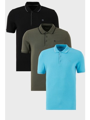 Buratti Pamuklu Slim Fit Şerit Detaylı Düğmeli Polo Yaka 3'lü Paket T Shirt Erkek T Shirt 5902118S3
