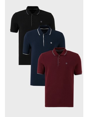Buratti Pamuklu Slim Fit Şerit Detaylı Düğmeli Polo Yaka 3'lü Paket T Shirt Erkek T Shirt 5902118S3