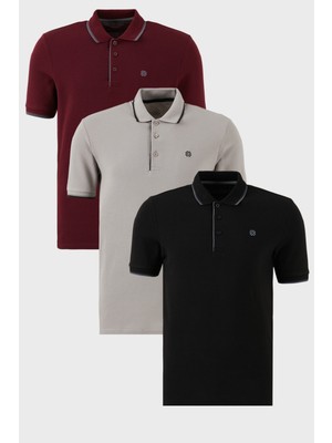 Buratti Pamuklu Slim Fit Şerit Detaylı Düğmeli Polo Yaka 3'lü Paket T Shirt Erkek T Shirt 5902118S3