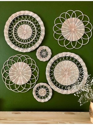 Ekru Rattan Bambu Hasır 6'lı Duvar Süsü Seti, Bohem Tarz Dekorasyon.