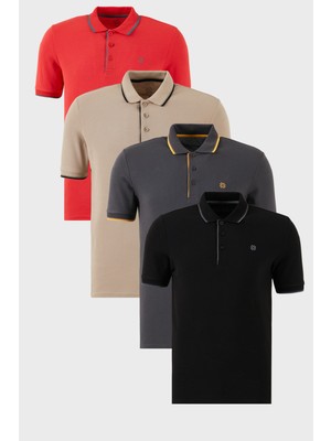 Buratti Pamuklu Slim Fit Şerit Detaylı Düğmeli Polo Yaka 4'lü Paket T Shirt Erkek T Shirt 5902118S4