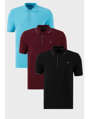 Buratti Pamuklu Slim Fit Şerit Detaylı Düğmeli Polo Yaka 3'lü Paket T Shirt Erkek T Shirt 5902118S3