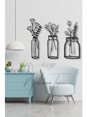 Siyah Ahşap 3'lü Vazo Çiçekler Duvar Dekoru, Salon, Oturma Odası, Yatak Odası ve Mutfak Için