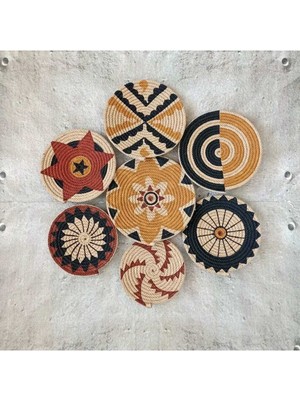 Afrika Tarzı 7'li Hasır Duvar Tabağı Seti, Şık ve Doğal Dekoratif Ürünler