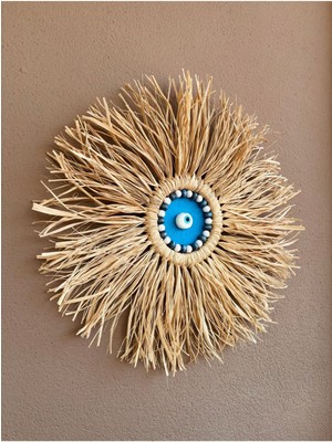 El Yapımı Doğal Rafya Duvar Süsü, Nazar Boncuklu, Şık Duvar Dekoru