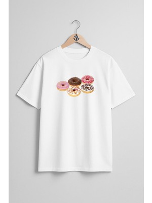 Oversize Donut ve Kruvasan Göğüs Tasarımlı Unisex T-Shirt