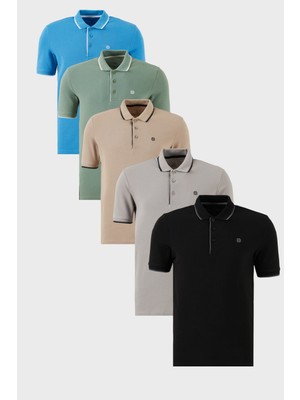 Buratti Pamuklu Slim Fit Şerit Detaylı Düğmeli Polo Yaka 5'li Paket T Shirt Erkek T Shirt 5902118S5