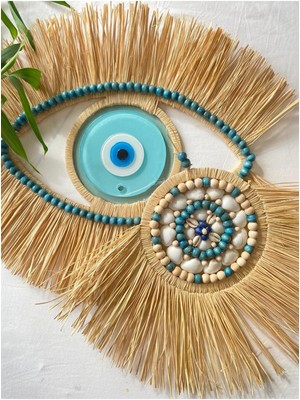 Turkuaz Renkli Doğal Rafya Nazar Boncuklu Yelpaze Ikili Duvar Dekoru