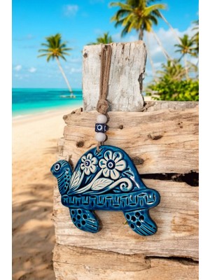 Mavi Seramik Kaplumbağa Çiçek ve Yapraklı Duvar Dekoru 16X23 cm