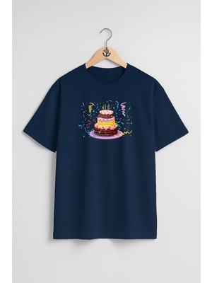 Oversize Doğum Günü Pastası Göğüs Tasarımlı Unisex T-Shirt