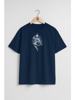 Oversize Denizci Kadın ve Çapa Göğüs ve Sırt Tasarımlı Unisex T-Shirt