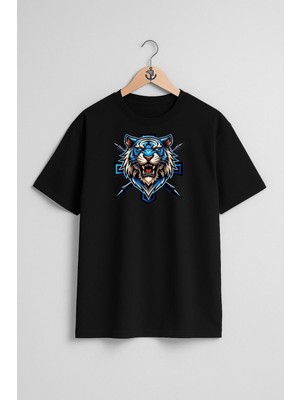 Oversize E Sport Logo Blue Tiger Göğüs Tasarımlı Unisex T-Shirt