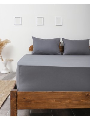 Fitted Pamuklu Kumaş Yatak Çarşaf ve Yastık Kılıf Takımı-Lastikli-Solmaya Dayanıklı-Antrasit