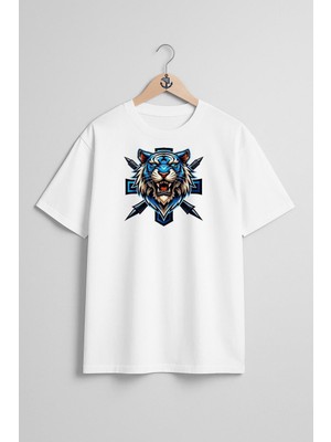 Oversize E Sport Logo Blue Tiger Göğüs Tasarımlı Unisex T-Shirt