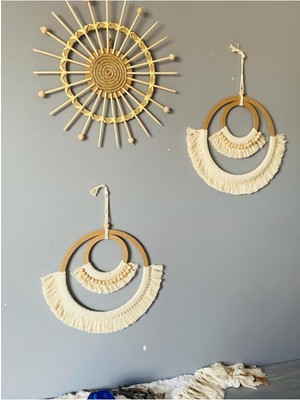 Bej Bohem Makrome ve Bambu Duvar Dekorasyon Seti, Şık ve Doğal Görünüm Sağlar