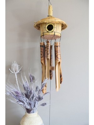 Bej Bambu ve Hasır Kuş Yuvalı Rüzgar Çanı, Doğal ve Şık Dekorasyon Ürünü