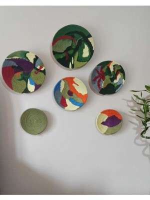 El Yapımı Afrika Tarzı Renkli Hasır Tabak Seti, Bohem Duvar Dekoru