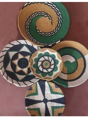 El Yapımı Etnik Hasır Tabak Seti, Bohem Duvar Dekoru, Çok Renkli, Afrika Tarzı