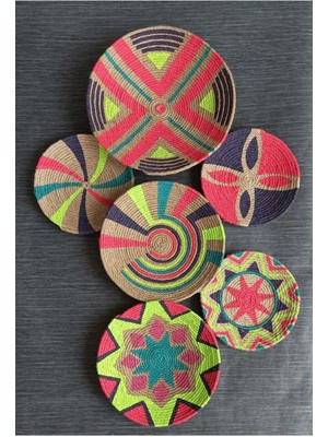 El Yapımı Çok Renkli Afrikan Etnik Hasır Tabak Seti Bohem Duvar Dekoru