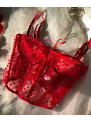 Kırmızı Puantiye Desenli Tül, Siyah, Arkası Ipli Büstiyer Korse