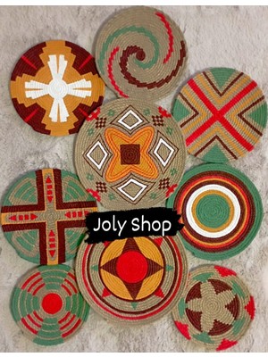 El Yapımı Etnik Hasır Tabak Seti, Bohem Dekor, Çok Renkli, Afrika Temalı, Duvar Süsü