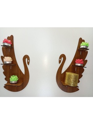 2'li Ceviz Renkli Kuğu Ahşap Dekoratif Mumluk Seti