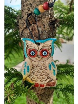 Mavi Porselen Baykuş Asma Süs, Ev Bahçe Balkon Dekor, 8,5x6 cm