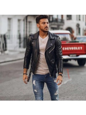 Hakiki Deri Siyah Bobo Fermuarlı Erkek Deri Ceket