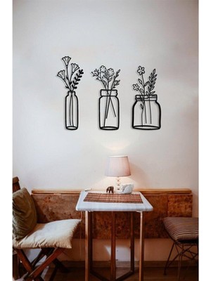 Büyük Boy Saksı Duvar Süsü, Çiçek Desenli Mdf Dekor 35X18 Siyah