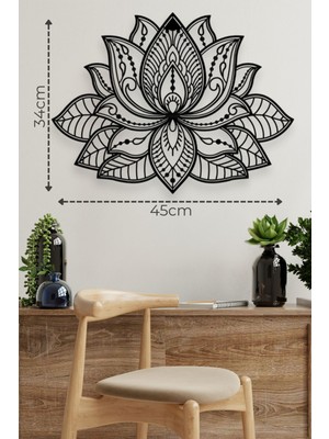 Şık Siyah Metal Mandala Lotus Çiçeği Duvar Tablosu 45X34CM