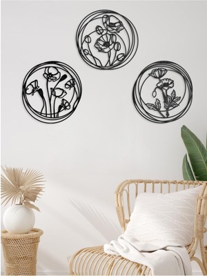 Gelincik Temalı Metal Duvar Tablosu Seti 45X45CM, Siyah, 3 Adet