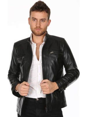Hakiki Deri Siyah Casual Dört Cepli Erkek Deri Ceket