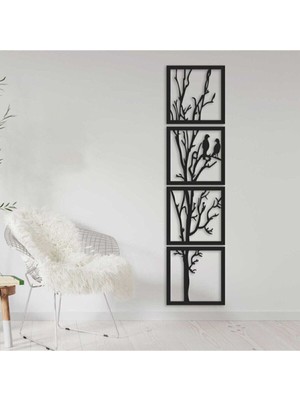 Ağaç Dalı Kuşlu Duvar Süsü 4 Parça Set 104X25 cm Siyah