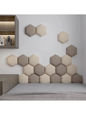 Bej Renkli Altıgen Kumaş Kaplı 3D Duvar Paneli Seti (12 Adet)
