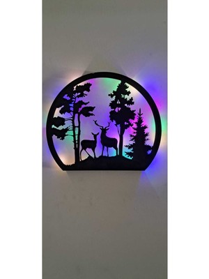 Siyah Ahşap Geyik Duvar Dekoru, Ledli Orman Teması, Dekoratif ve Şık Tasarım