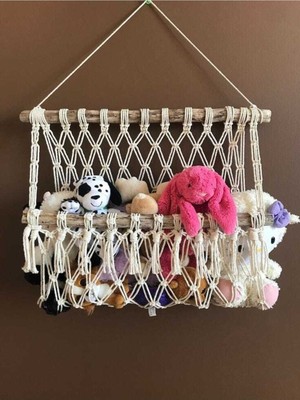 Ekru Makrome Oyuncak Rafı, Şık ve Kullanışlı Çocuk Odası Dekorasyonu.