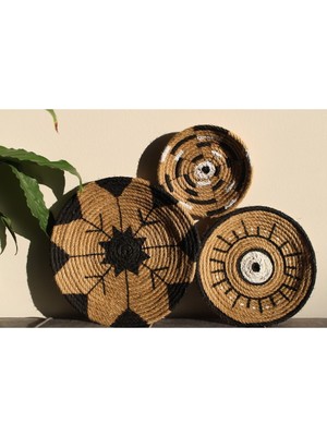 Bohem Hasır Duvar Tabak Süsü, Siyah, Şık ve Doğal Dekoratif Aksesuar
