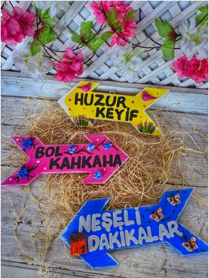 3'lü Ahşap Bahçe Süsü, Renkli Yön Oku, 30 cm Dekoratif Parçalar