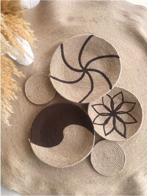 Kahverengi Hasır Halat Ip Duvar Dekoru, 4 Parça, Makine Dikişlidir