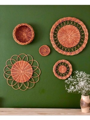 5’li Rattan ve Bambu Hasır Duvar Süsü ve Sepet Seti, Kahverengi