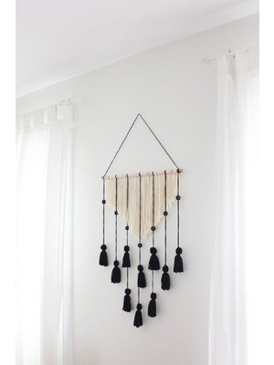 Siyah Püsküllü Ahşap Duvar ve Kapı Süsü, Dekoratif Askılı Ev Aksesuarı