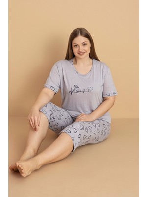 Kalp Desenli Büyük Beden Kapri Pijama Takımı