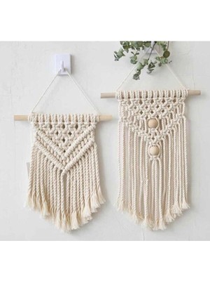 Bej Renkli Makrome Örgülü 2'li Duvar Süsü Takımı