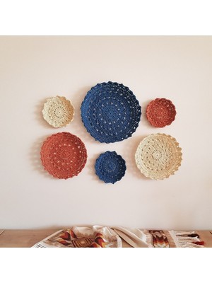 Lacivert Etnik Duvar Tabağı Seti, Dantel Desenli, Altılı Dekor