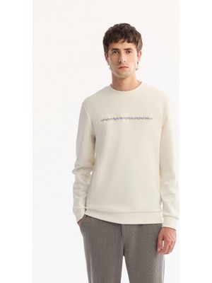 AVVA Erkek Ekru Bisiklet Yaka Pamuklu Bi-Stretch Baskılı Regular Fit Sweatshirt A52Y1210