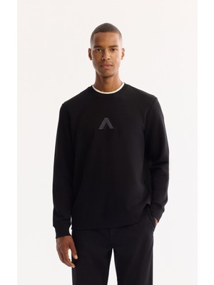 AVVA Erkek Siyah Bisiklet Yaka Pamuklu Bi-Stretch Baskılı Regular Fit Sweatshirt A52Y1305