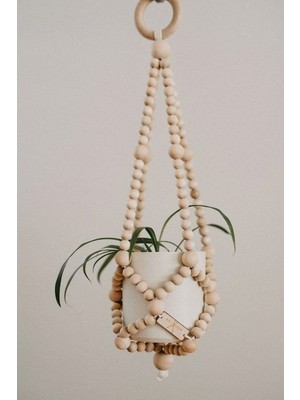 Doğal Ahşap Boncuklu 50CM Dekoratif Saksılık, Şık ve Doğal Ev Dekoru.