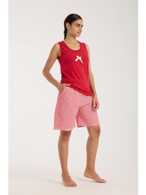 Moda Serdem Modaserdem  Kadın Kırmızı Kurdele Detaylı Çizgili Şortlu Pijama Takımı