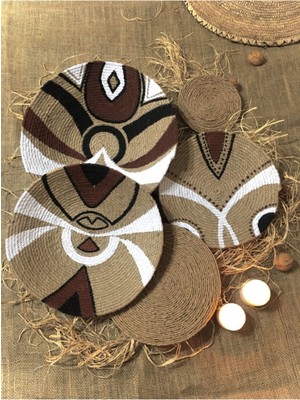 Bej Etnik Afrika Tarzı 3'lü Hasır Halat Duvar Tabağı, Makine Dikişli